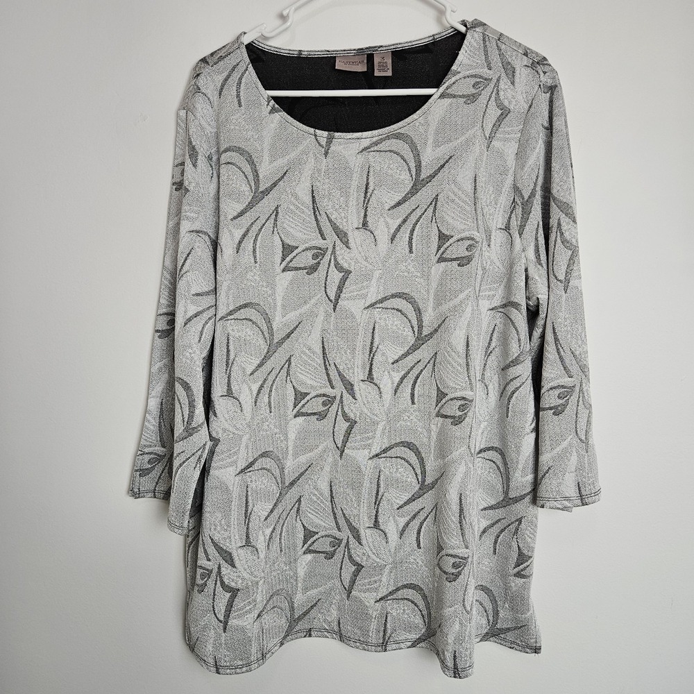 Chico's Easywear Jacquard Tunic Top Size 3 US XL 3/4 Sleeve Stretch Silver Gray